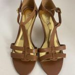 Lauren Ralph Lauren Wedge Sandals Women 10B T Strap Harleen Leather Cork Heels Brown Size 10 Photo 3