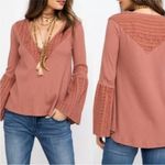 Free People  Parisian Nights Pink Eyelet Bell Sleeve Waffle Knit Top size S Photo 1