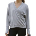 Zuda QVC Sweater Womens Small Gray Faux Wrap Pullover Thumbholes Athletic Lounge Photo 0