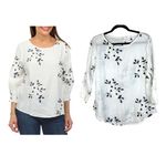 Kindred  White Navy Floral Embroidered Gauzy 3/4 Sleeve Blouse Size Large Photo 1
