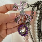 Chunky Silver Chain Faux Pearl & Rhinestone Bow Multi Strand Necklace Y2K Photo 1