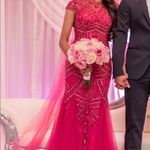 Sherri Hill Deep Raspberry Pink Beaded Tulle Skirt Mermaid Gown- Dress 2 Photo 4