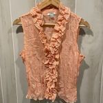 Cute pretty in peach metallic thread ruffle sheer button front blouse sleeveless Pink Size M Photo 0