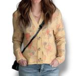 JILL Pastel Oatmeal Light Pink Parrot Animal Print Knit Cropped Cardigan Sweater Tan Photo 1