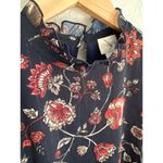 Chico's Modest High Neck Floral Bell Sleeve Top Medium Gold Threads Navy Blue Demure Photo 3