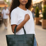 Woven Tote Bag Black Faux Leather Top Handle Bag Everyday Purse Photo 0