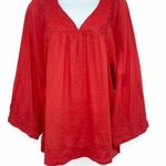 Anthropologie Lucky Brand Floral Embroiderred Flare Sleeve Babydoll Blouse Top Coral Large Photo 0
