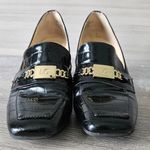 Liz Claiborne  Melba Block Heel Chunky Pumps Black Croc Embossed Gold Womens Sz 8 Photo 2