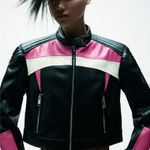 ZARA  Black Pink Motorcycle Biker Jacket Size Large Vegan Leather Grunge Gothic Photo 0