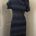 2000s Blue Grey striped fitted knit sweater midi dress asymmetric cowl turtle neckline short sleeve Photo 3