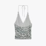 ZARA NWT  Sequin Silver Adjustable Halter Top Size Small Photo 7
