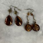Vintage Boho Copper Amber Glass Teardrop Pierced Spiral Earrings Set Fall Colors Brown Photo 13