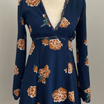 onetheland Floral Mini Dress Small Long Sleeve Navy Orange Lace Trim VNeck Boho Bloomcore Photo 0