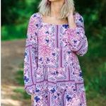 SAVANNA JANE Frilly Patchwork Print Mini Dress Size Medium M Long Sleeve Purple Photo 1