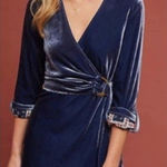 Maeve  Blue Velvet Belted Wrap Shirt Dress Photo 0