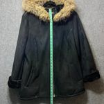 Ellen Tracy Black Faux Suede Hooded Coat Gold Zipper Faux Fur Trim Large Photo 3