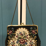 Floral Tapestry Clutch Coin Purse Vintage 40's mini bag‎ 6” x 5” gold chain Black Photo 0