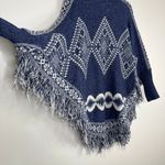 Aztec Blue & White Printed Fringe Trim Knit Poncho Size M Photo 5
