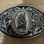 Vintage‎ HAND ETCHED Faux Scrimshaw Sailing Ship Belt Buckle Floral Silver Photo 0