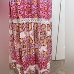 Angie  Boho Paisley Maxi Dress L Twist Front Cutout Tiered Lace Trim Photo 5