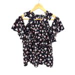 Rebecca Taylor Silk Floral Cold Shoulder Ruffle Blouse Boho Romantic Size 12 Black Photo 1