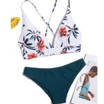 Teal White Floral Bikini Swimsuit Cross Back Size XL EUC New Condition #1005 Photo 1