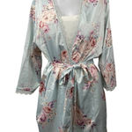 NEW Le Rose Women's Blue Floral Silk Satin Lace Bridal Long Sleeve Robe Size S/M Photo 0