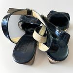 Jimmy Choo Jimmy‎ Choo Black Patent Leather Platform Sandal Cork Wedge Gold Toe Size 38.5/8 Photo 6