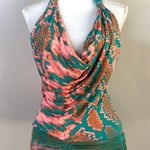 NWT SKY snakeprint ruched drape front turquoise stone embellishment halter top S Orange Photo 0