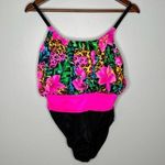 Vintage Sea Fair bright pink & black floral flower one piece bathing suit sz 14 Photo 1
