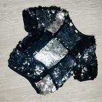 Vintage large round sequin disco black and silver short sleeve shirt medium Photo 0