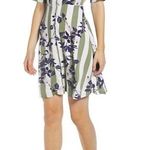 VERO MODA New  Floral Stripe Button Up Vilja Dress Short Sleeve Mini Green Navy Photo 1