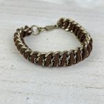 Source Unknown Gold Tone Chunky Chain Link Bracelet Brown Braided Faux Leather Cord Edgy NWOT Photo 4