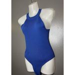 Happily Grey Bodysuit Womens Large Blue Ribbed Sleeveless High Neck Stretch Photo 2