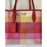Kate Spade Market Madras Woven Fabric Tote Plaid Orange Pink Vacation Beach Photo 3