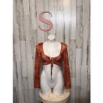 Rust Marble Print Long Sleeve Tie Front Crop Top | Ruched Front Stretchy Shirt – Orange Photo 1
