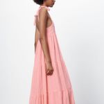ZARA Bubble Gum Bohemian Tiered Long Straight Neckline 100% Cotton Dress Size XL Photo 2