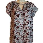 Loft Red Floral Print Blouse Flutter Sleeve Front Bow Sz M XC Photo 0