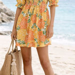 House of Harlow 1960 Dress Linen Floral Smocked Puff Sleeve Mini Dress Medium Orange Photo 0