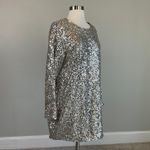 AQUA Silver Sequined Long Sleeve Mini Shift Cocktail Dress Size 14 Boat Neck by  Photo 1