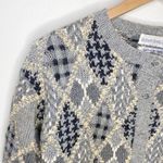 Vintage grey hand knit cotton ramie argyle patchwork grandpa sweater cardigan S Photo 4