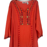 New Direction  Boho Gauzy Top Orange Embroidered Western Split Neck Size 3X Photo 0