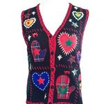 Studio Works  Vintage Patchwork Stitch Christmas Holiday Vest Black Red Medium Photo 0