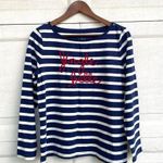 Talbots Womens Shirt Blue White Striped Jingle Belle Red Velvet Medium Petite Photo 0