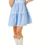 Mainstrip Puffed Sleeve Ric Rac Trimmed Solid Mini Dress Blue Size Large Photo 0