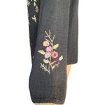 Black Dark Floral Embroidered Cardigan Sweater Ramie Cotton Button Front Large Photo 2