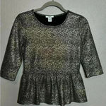 Bar III  Women's Peplum Shirt Top Gold Black 3/4 Length Sleeve Flare Waist Size S Photo 0