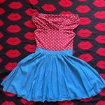 Penderie Japan kawaii retro red blue polka dot off shoulder denim dress XS Photo 0