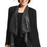 CAbi Owens Black Waterfall Drape Blazer Jacket Faux Leather Ponte Stretch Medium Photo 0