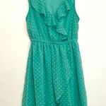 VANITY Aqua Seafoam Green Blue Swiss Dot Textured Mini Surplice Faux Wrap Dress Size M Photo 1